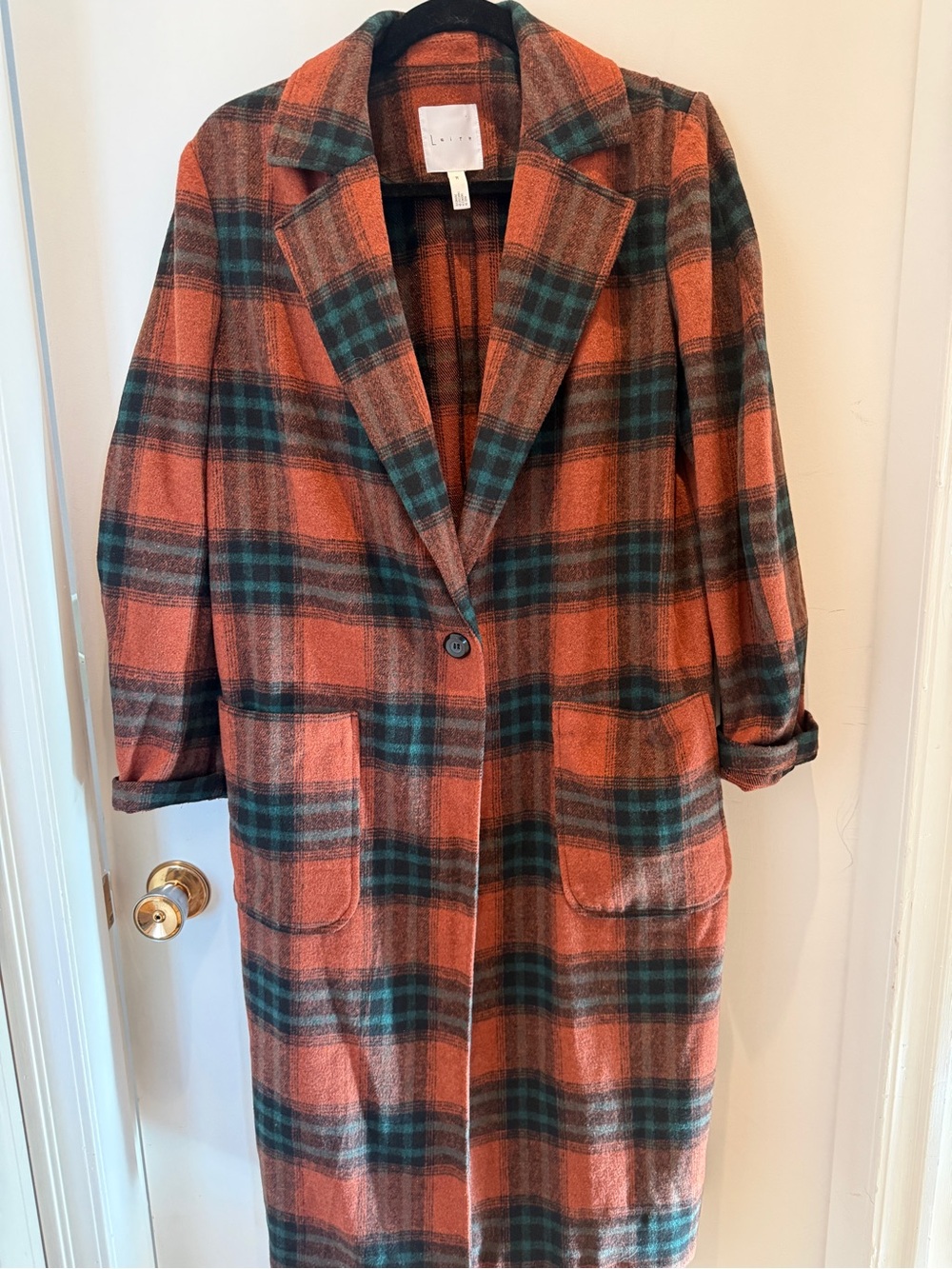 Leith Plaid Longline Coat Rust Green Tartan Boyfriend Jacket Medium